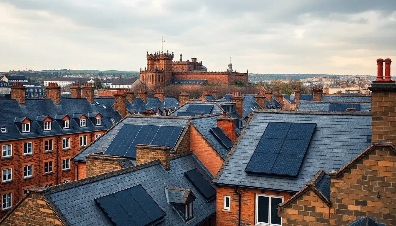 Elevated view of Edinburgh rooftops fitted with solar panels