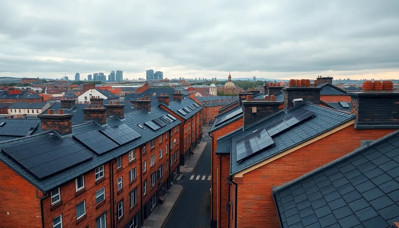 Elevated view of Glasgow rooftops fitted with solar panels
