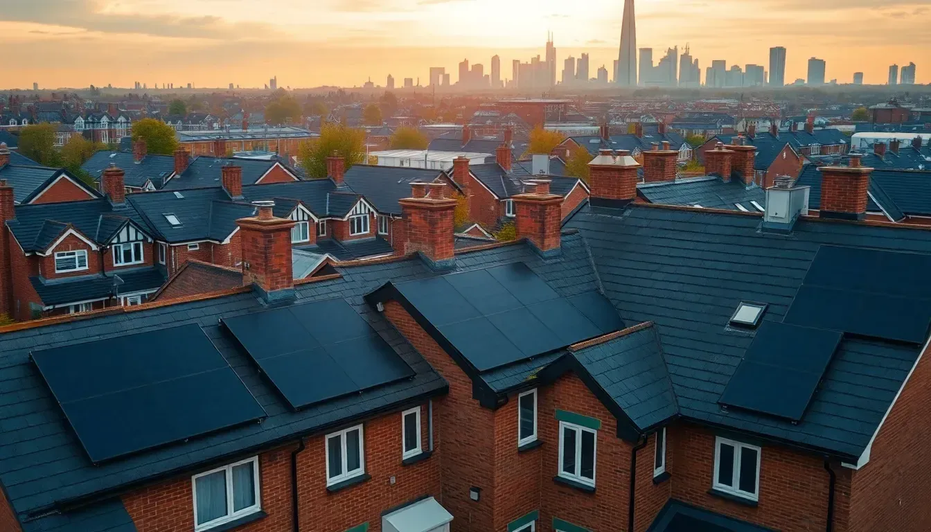 Elevated view of London rooftops fitted with solar panels