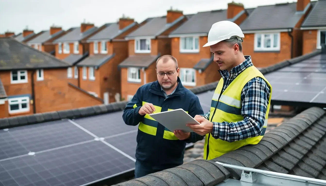 Solar engineers reviewing a bespoke system design on a UK rooftop