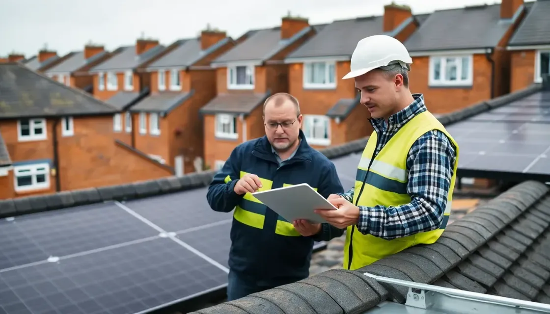 Installer checking solar panels on a pitched roof