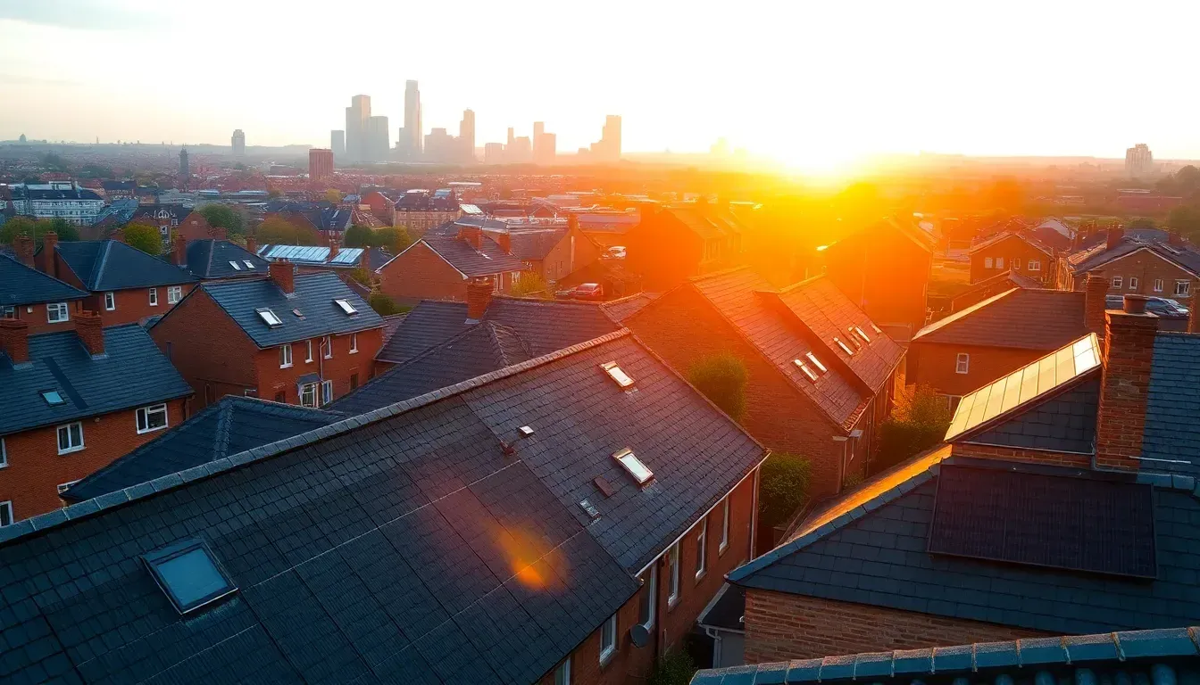 Elevated view of a UK city skyline with rooftop solar panels