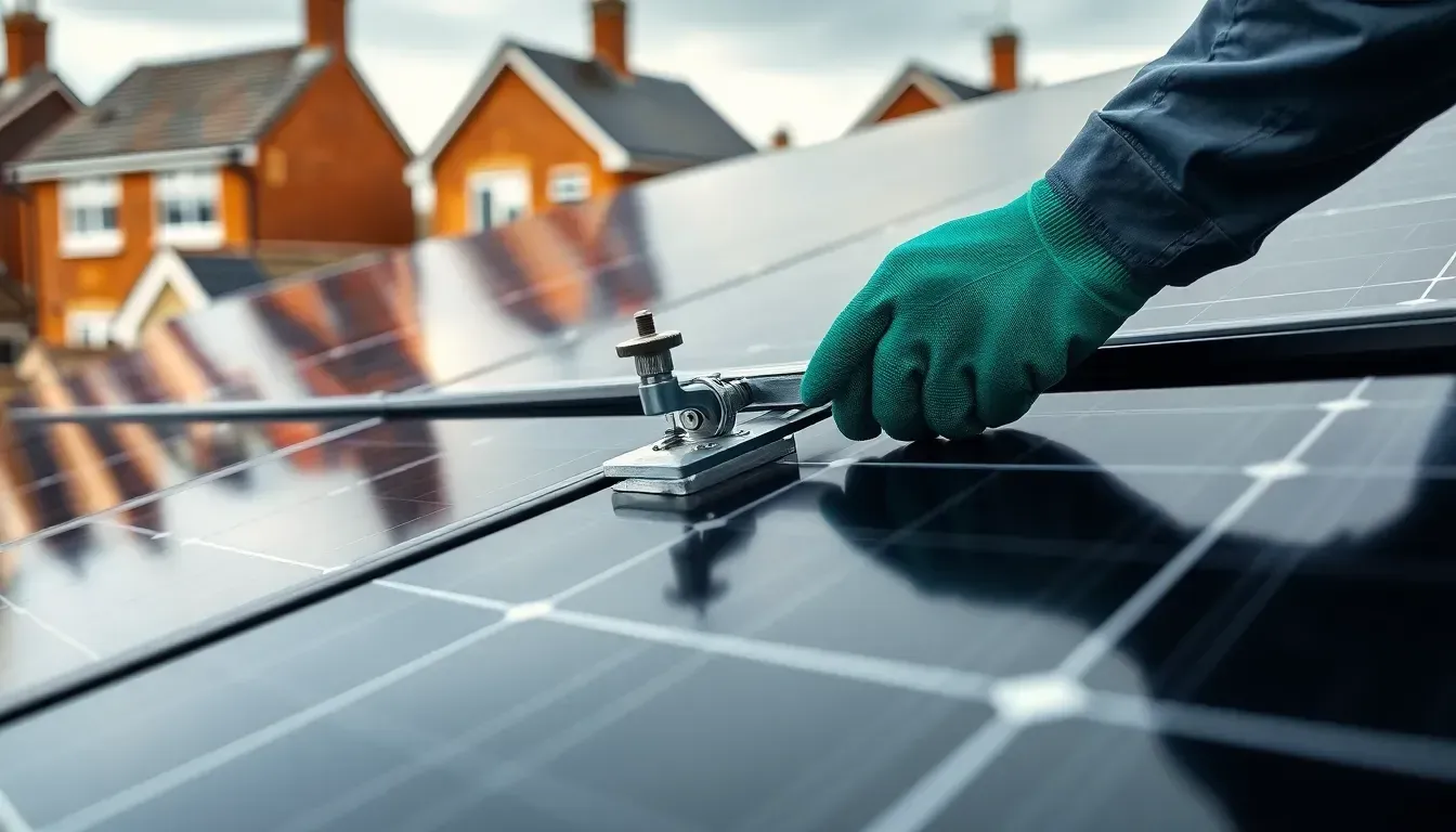 Close detail shot of an installer fitting a solar panel rail clamp
