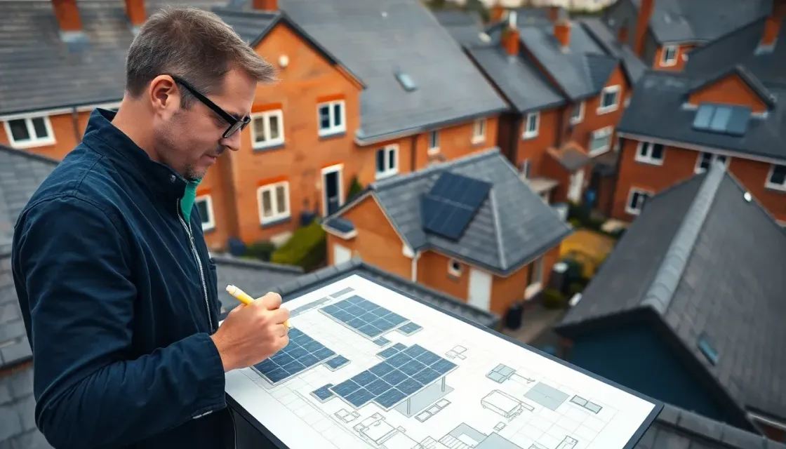 Solar panels laid out across a pitched tiled roof under a clear sky