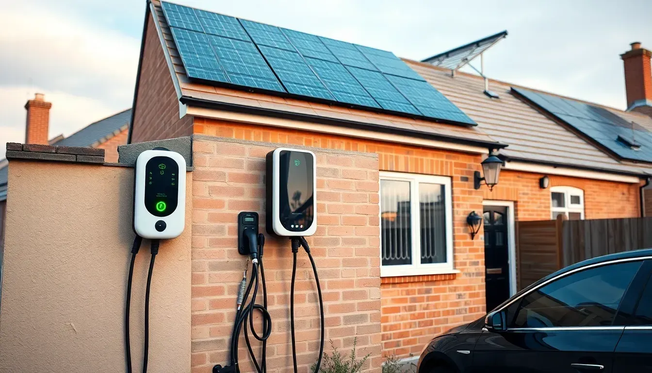 Electric vehicle charging from a home EV charger with solar panels visible on the roof above
