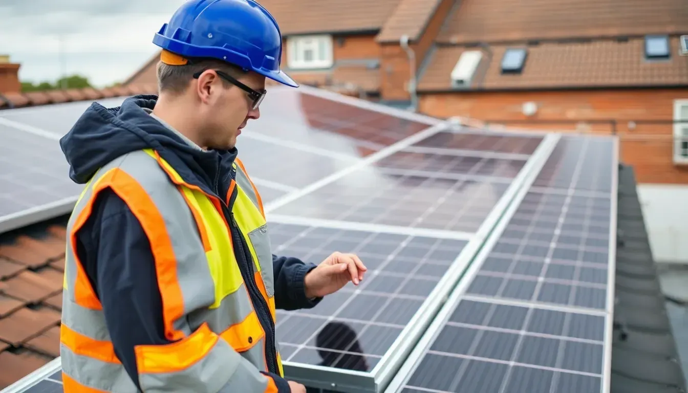 MCS certified engineer inspecting a solar panel installation on a UK rooftop