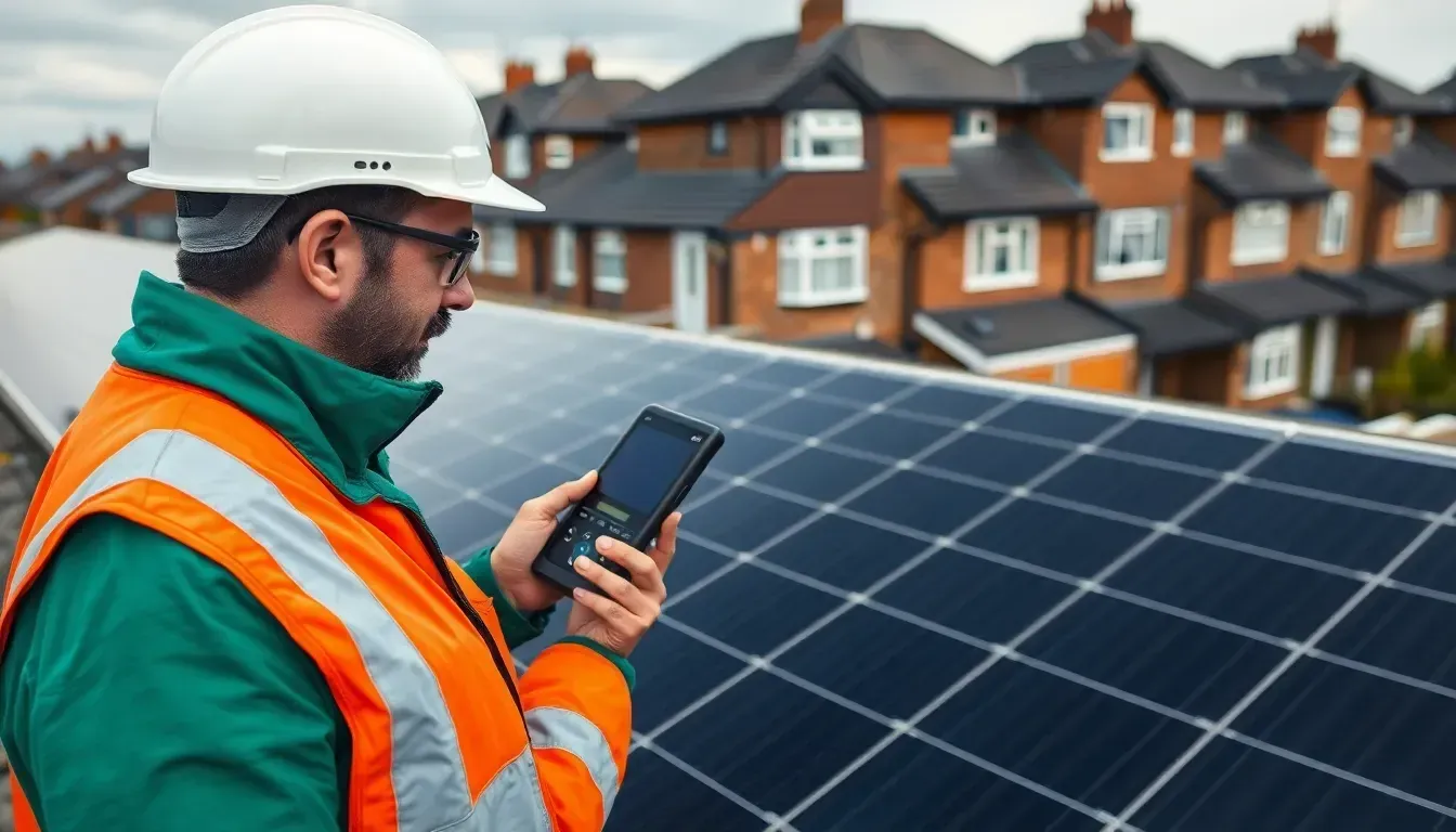 Engineer inspecting a solar panel array on a UK rooftop