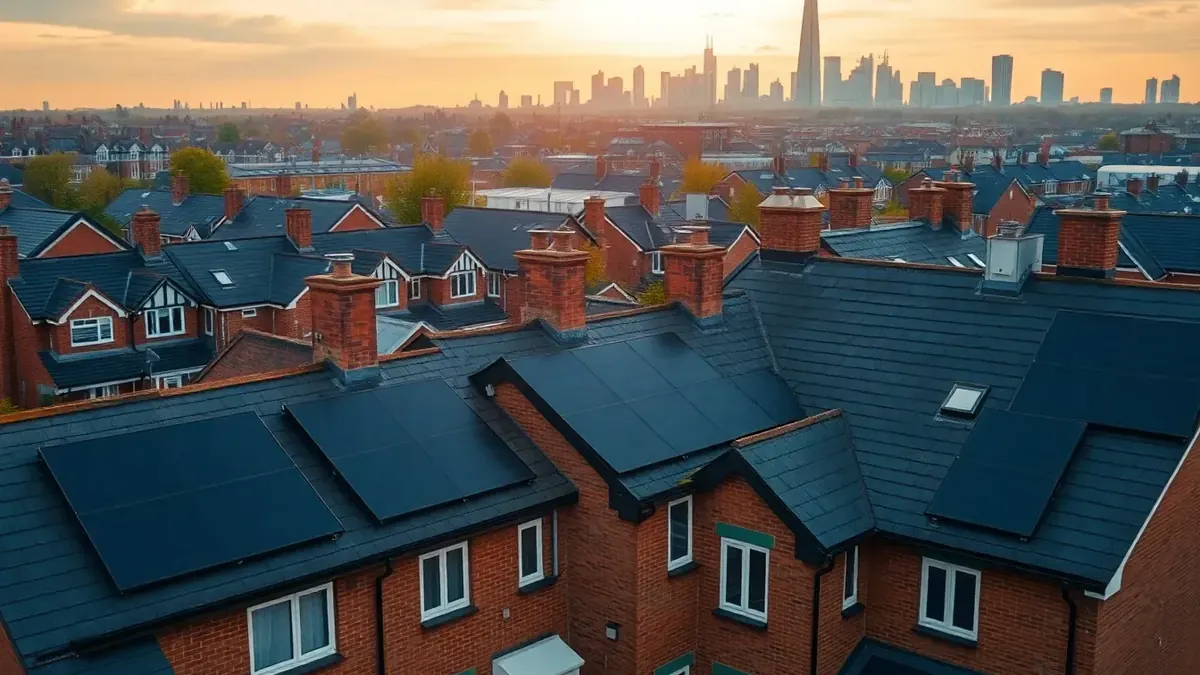 A south-facing UK house roof with a neat array of black solar panels