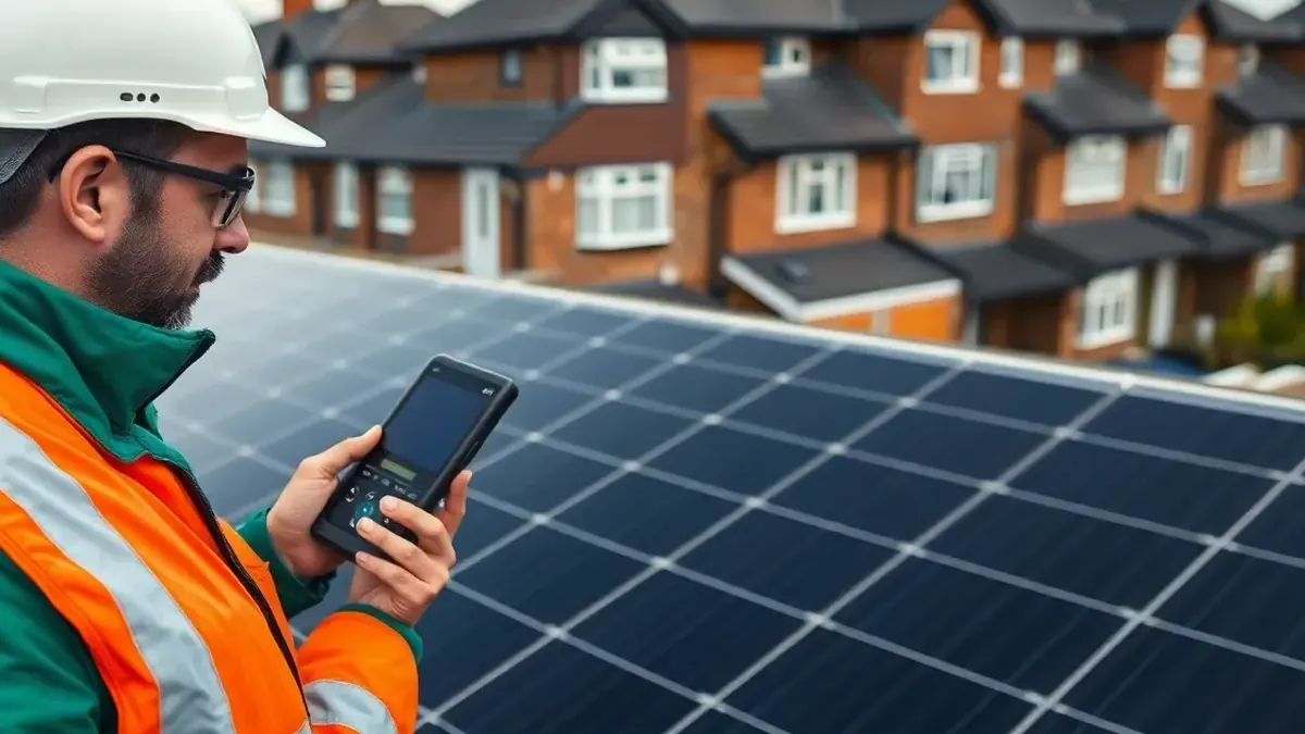 Weathered solar panels on a pitched slate roof under a clear sky