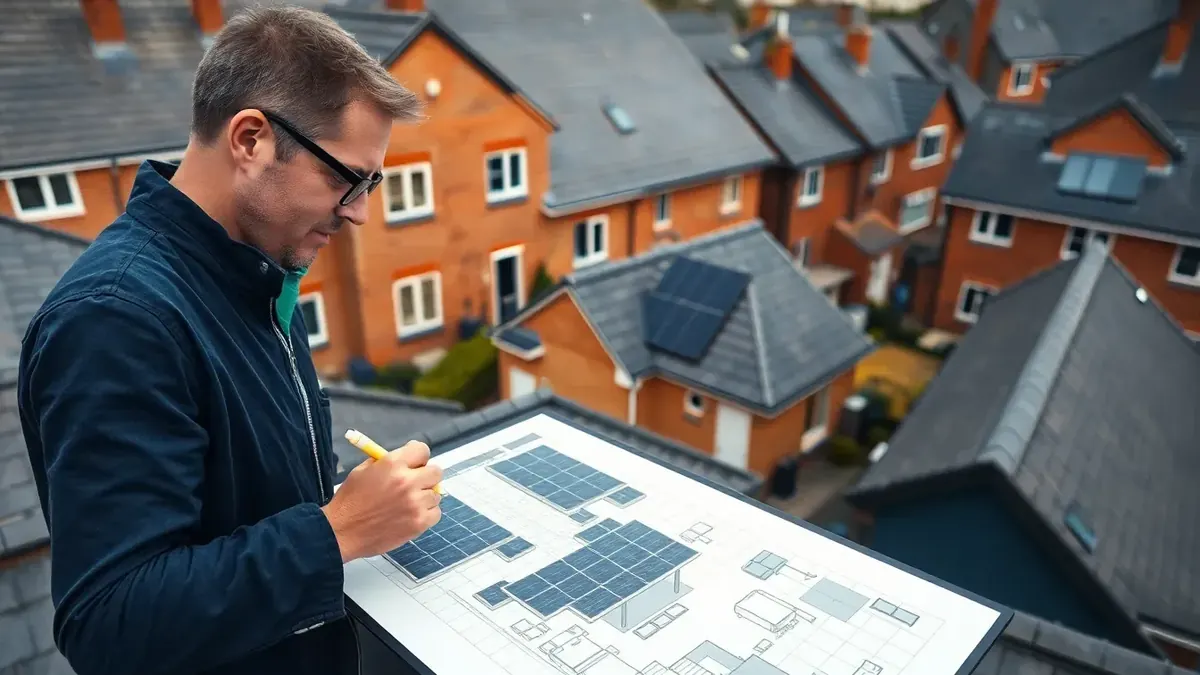 A row of solar panels laid out across a tiled UK roof slope