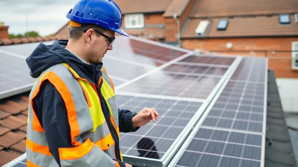 Installer checking solar panel fixings on a roof during a certified installation