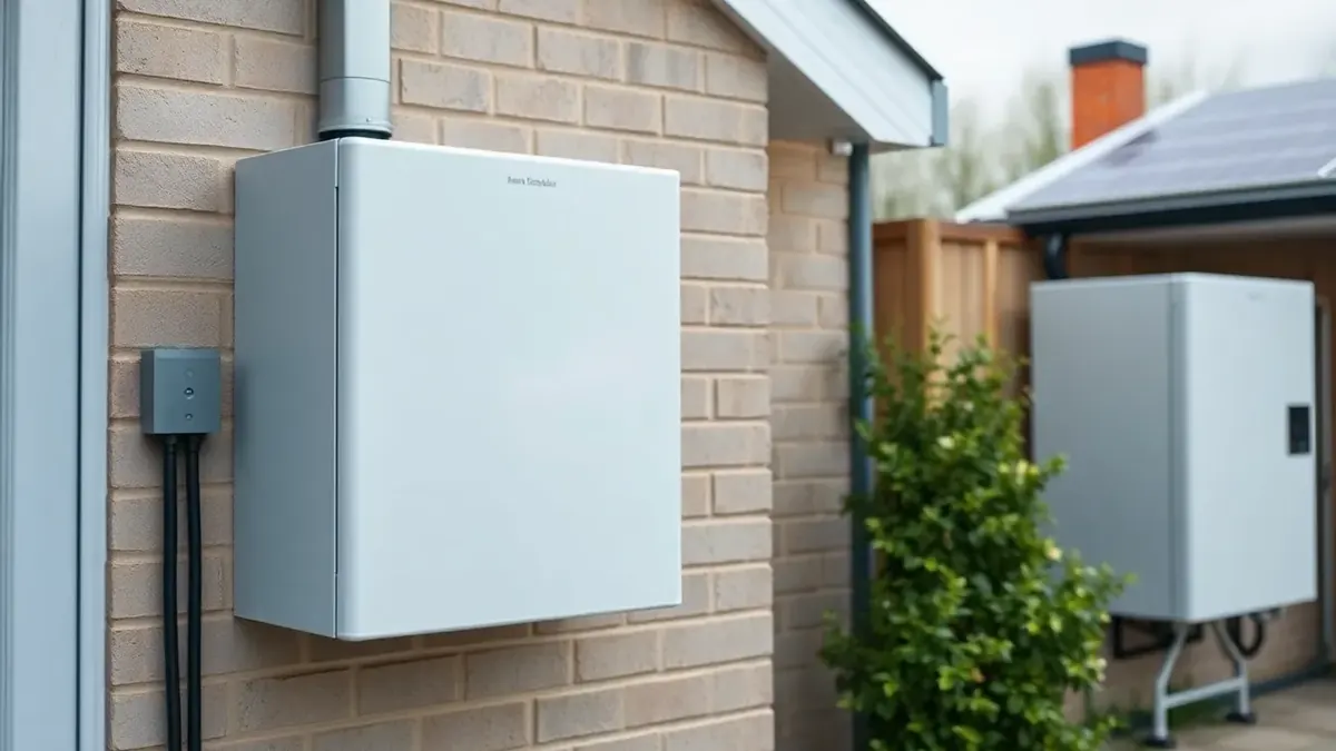 A wall-mounted home battery unit in a tidy UK garage