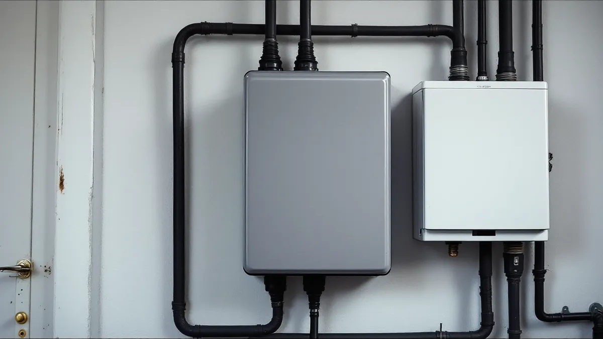 A plain grey wall-mounted solar inverter box with cables, beside a white fuse box on a utility room wall