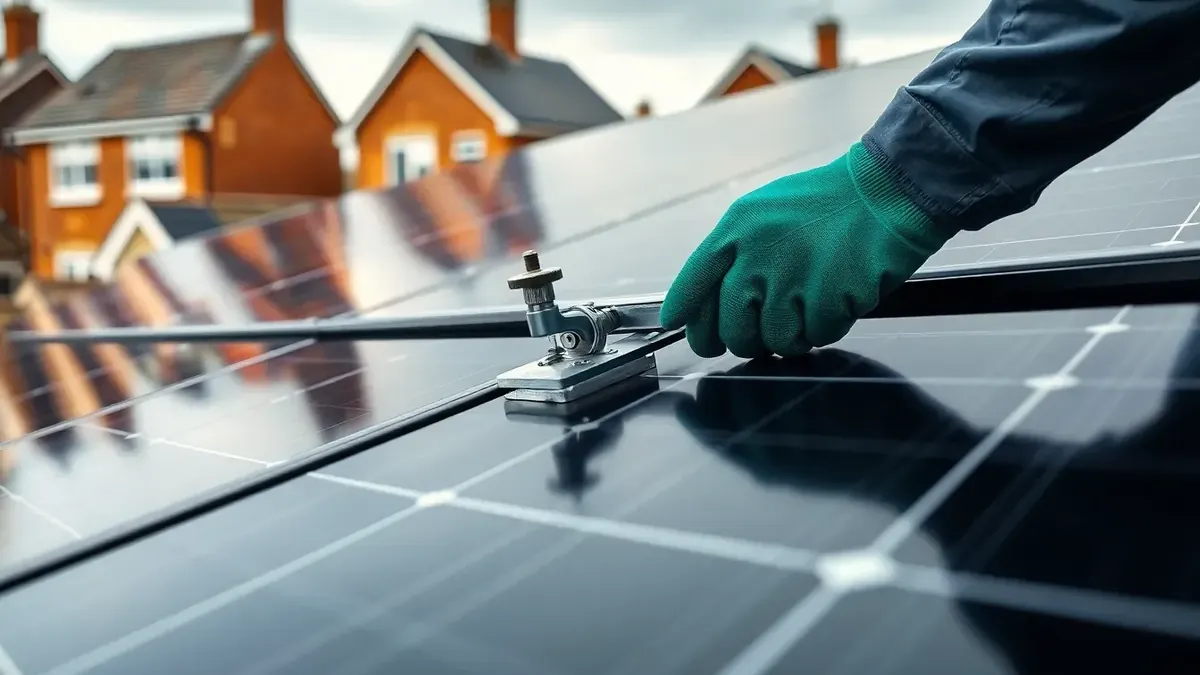 Solar panels fitted on a pitched UK roof under a pale sky