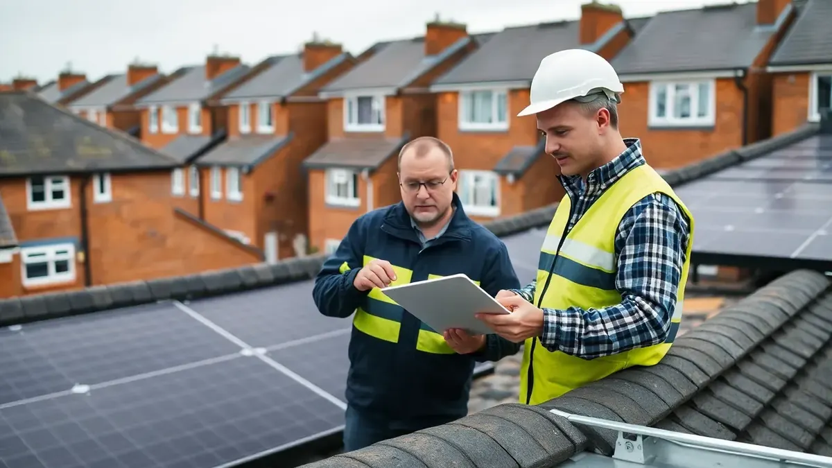 A terraced UK street with solar panels on several rooftops