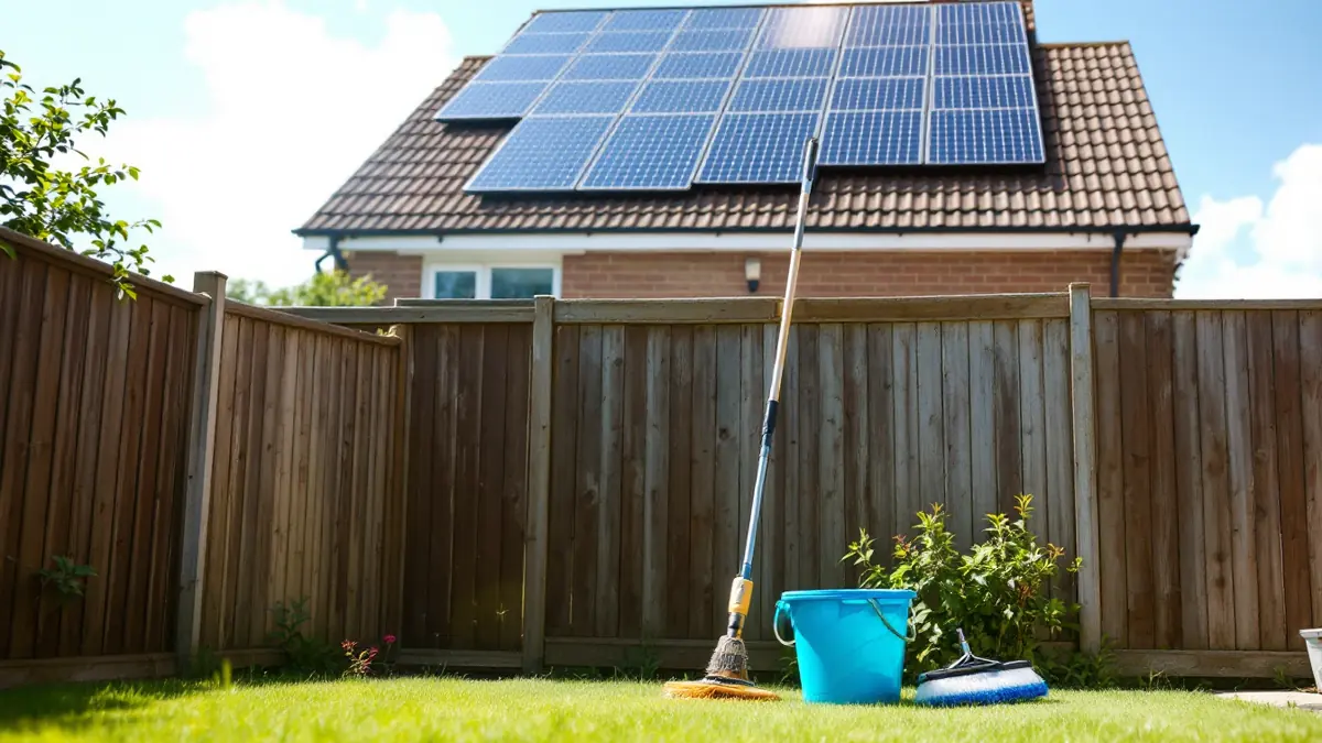 A cleaning pole, bucket and brush on a garden lawn below a house roof with solar panels
