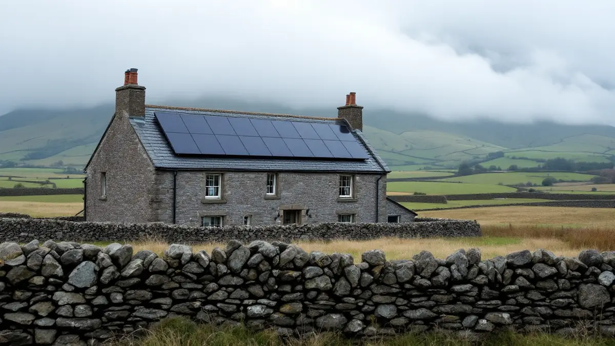 A stone farmhouse with solar panels on its slate roof among misty hills and dry stone walls