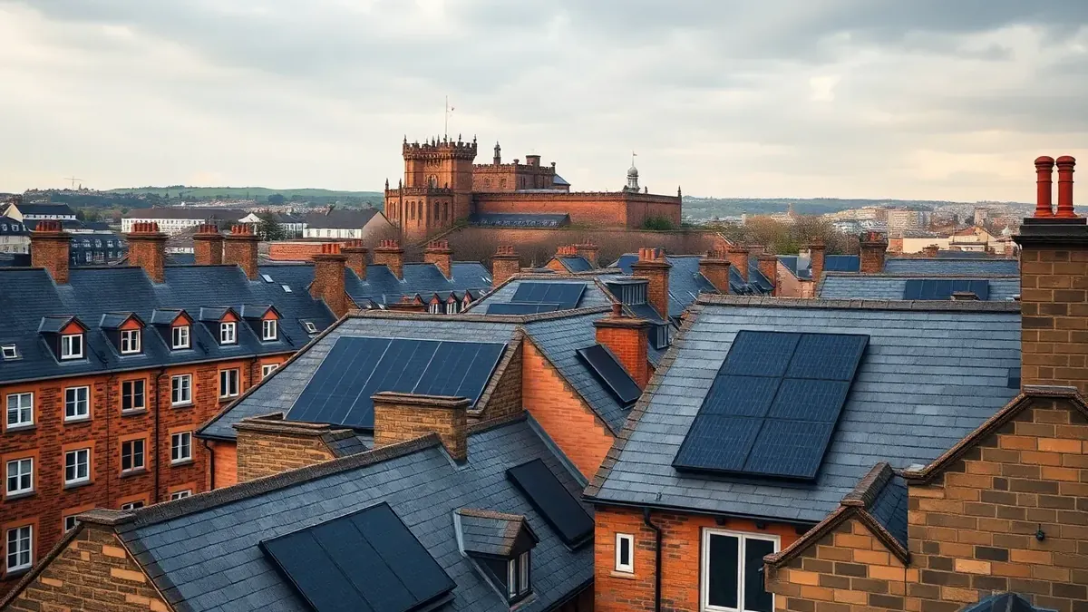 Terraced houses with solar panels fitted flush on the front roof slope
